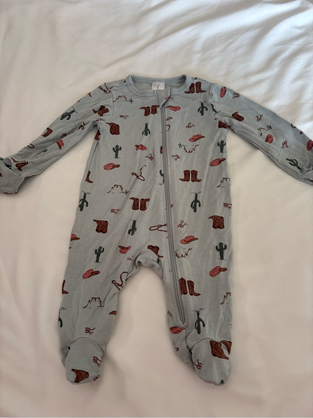 Western Cactus Print Footed One-Piece - Light Blue